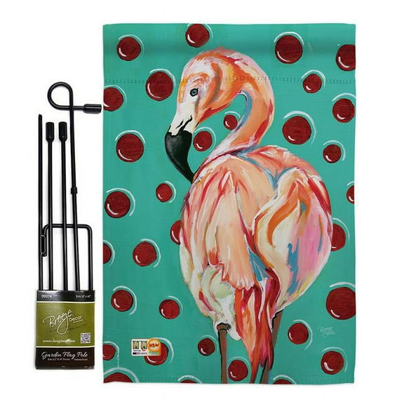 Breeze Decor BD-BI-GS-105048-IP-BO-D-US16-SB 13 x 18.5 in. Polka Dot Flamingo Garden Friends Birds Impressions Decorative Vertical Double Sided Flag Set with Banner Pole