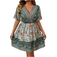 thumbnail image 2 of pstuiky Summer Dresses 2024, Women V-Neck Short Sleeve Printed Dress Boho Style Dress Knee-Length Mid-Calf Dress Holiday Dress Leisure Green L, 2 of 3