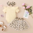 thumbnail image 5 of Sjldqy Girls Summer Outfit Sweet Soft Ruffle Sleeve Crew Neck Letter Print Bodysuit Leopard Print Tutu Skirt Bow Headband Girls Romper 3 Piece Set Size 12-18 Months Khaki, 5 of 9