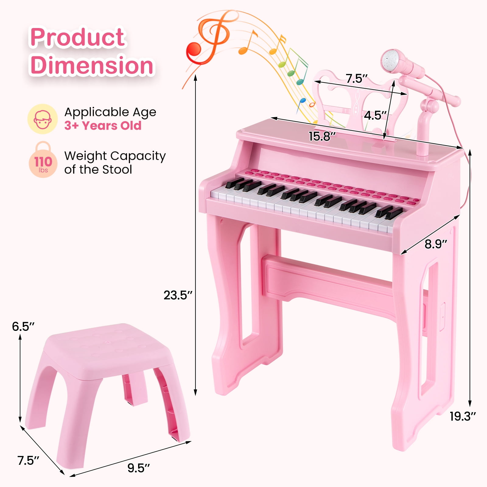 Gymax 37-Key Music Piano Keyboard Kids Learning Toy Instrument w/ Microphone Pink