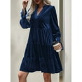 thumbnail image 4 of Women'S Elegant Velvet Long Sleeve Dress Casual Fall V Neck A Line Babydoll Flowy Formal Wedding Party Mini Dress Navy Blue L, 4 of 8