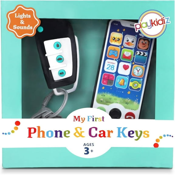 Playkidiz Toy Phone for Kids - Toy Cell Phone with Car Keys - Real Looking Pretend Play Toddler Phone and Remote Car Key - Lights and Sound Effects - Batteries Included- 3 