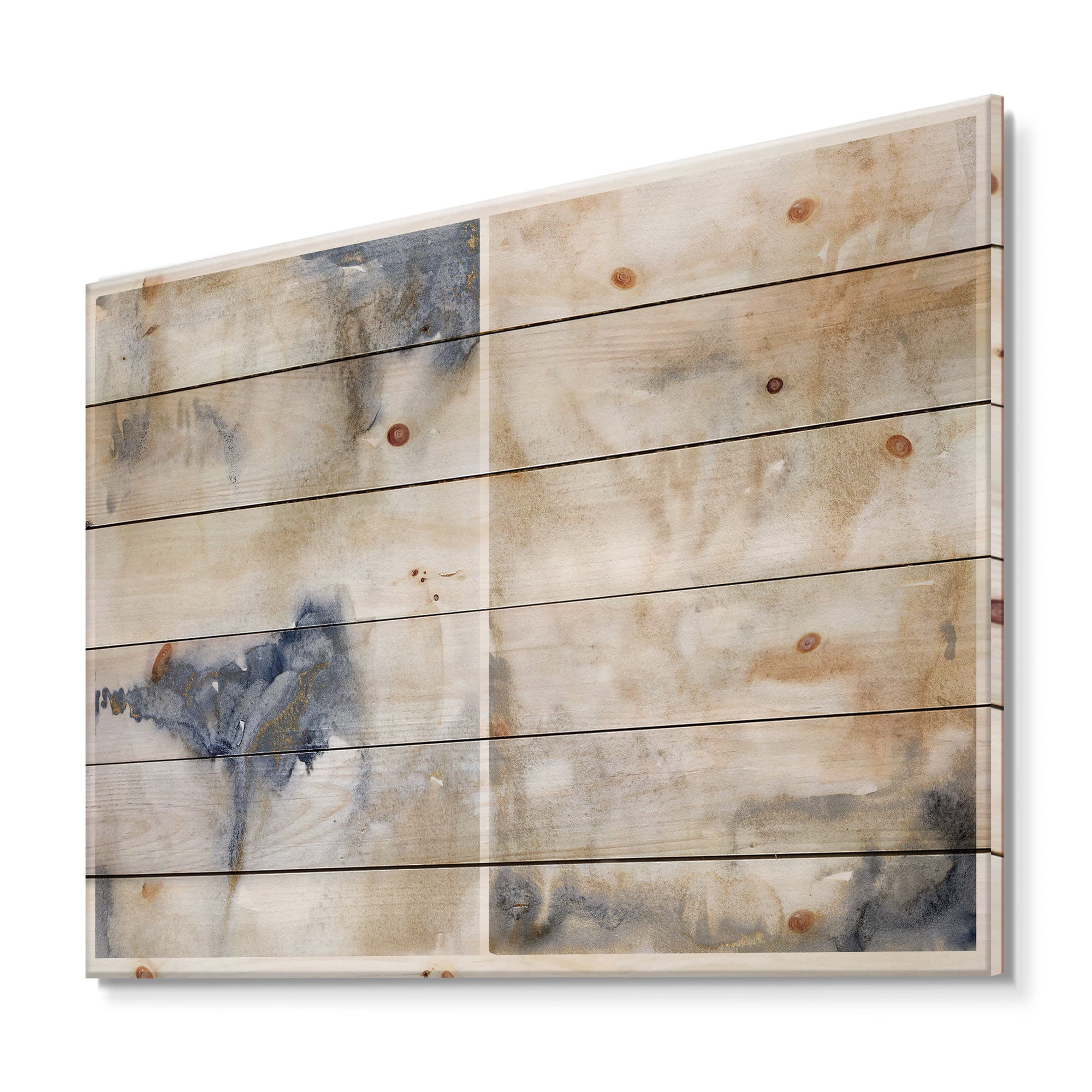 Designart 'Abstract Gold Beige Pink and Dark Pastel Strokes' Modern Print on Natural Pine Wood