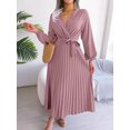 thumbnail image 6 of Women's Long Sleeve V-Neck Elegant Dresses for Women Robe with Belt Solid Crisscross Pleated Long Max Dress Mature, 6 of 7