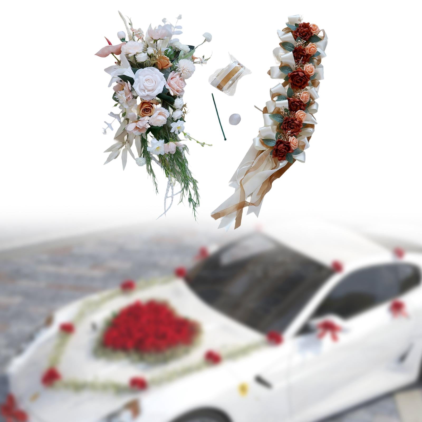 Tachiuwa Wedding Car Decoration Set Artificial Flowers Easy Installation Elegant Wedding Car Ribbons and Bows for Ceremony Accessories Pink