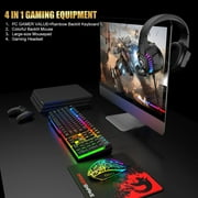 Wired Gaming Keyboard&Mouse Headset Combo,Rainbow Over Ear Headphone with Mic,Mice Pad for PC(Black)
