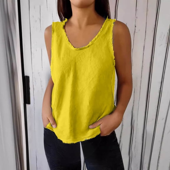 Timegard Tank Tops Women Summer Casual Ripped Round Neck Sleeveless Lightweight Solid Color Tee Tops