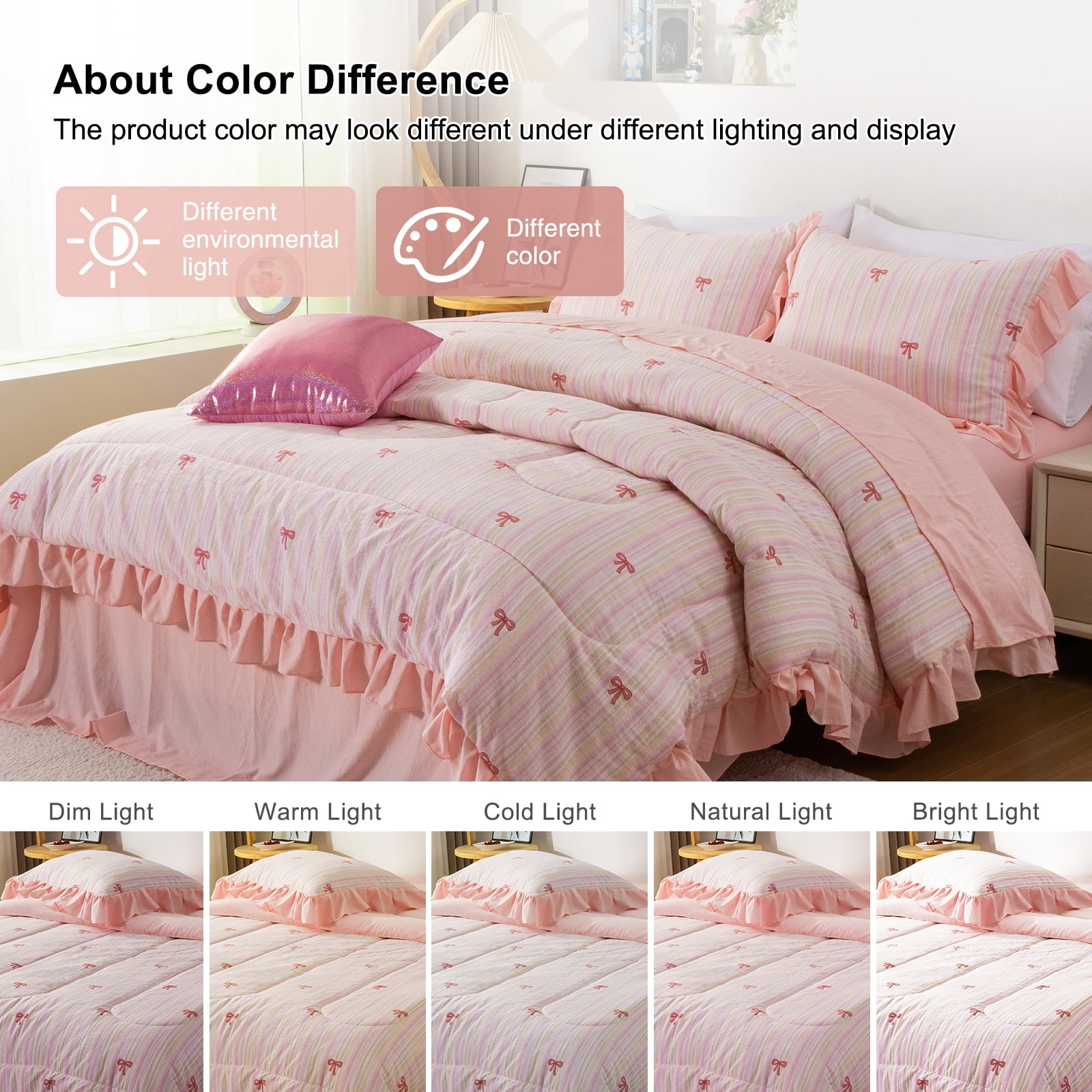 Btargot 6 Piece Rainbow Stripe Bows Comforter Set Twin Ruffle Princess Girl Bedding Set Bed in a Bag