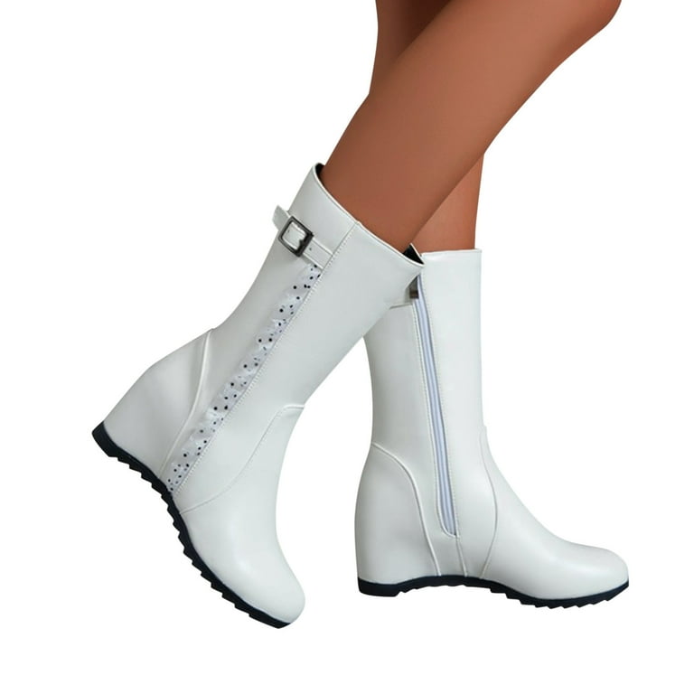 lystmrge Womens Calf Boots 12 Wide Womens Rain Boots Size 11 Wide Calf Rain Boots for Women Mid Calf 10 Ladies Fashion Leather Lace Trim Belt Buckle