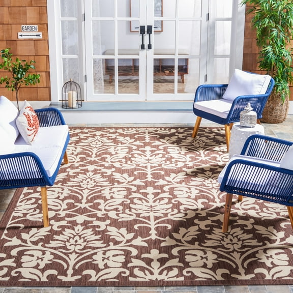 SAFAVIEH Courtyard Yvette Floral Indoor/Outdoor Runner Rug, 2'3" x 6'7", Chocolate/Natural