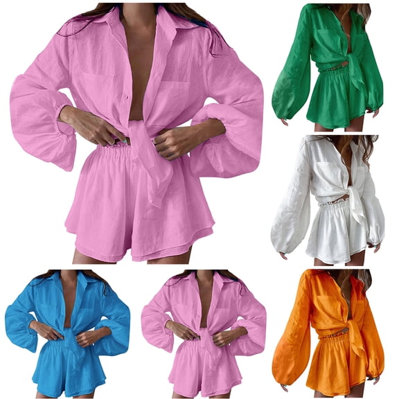 QSXADF Women's Casual 2 Piece Cotton Linen Set Outfits Summer Casual Linen Shirt Long Sleeve Collared Women's Clothing Set Ladies Lounges Set