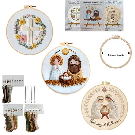 3 Nativity Embroidery Kits Christmas Craft with Hoop, Color Threads, DIY for Beginners