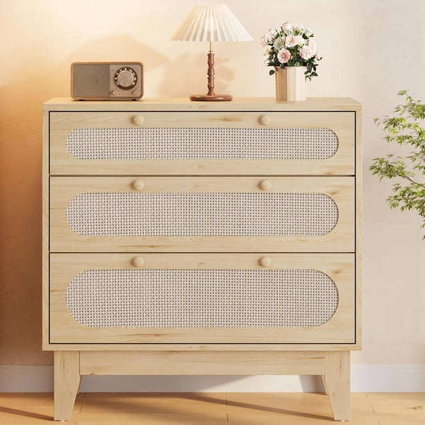 3-cajón wood cómoda para dormitorio: rattan chest of cajón, nightstand para sala de estar, entrada, y hallway (31.5 l x 15.7 in w x 31.2 in h, light oak)