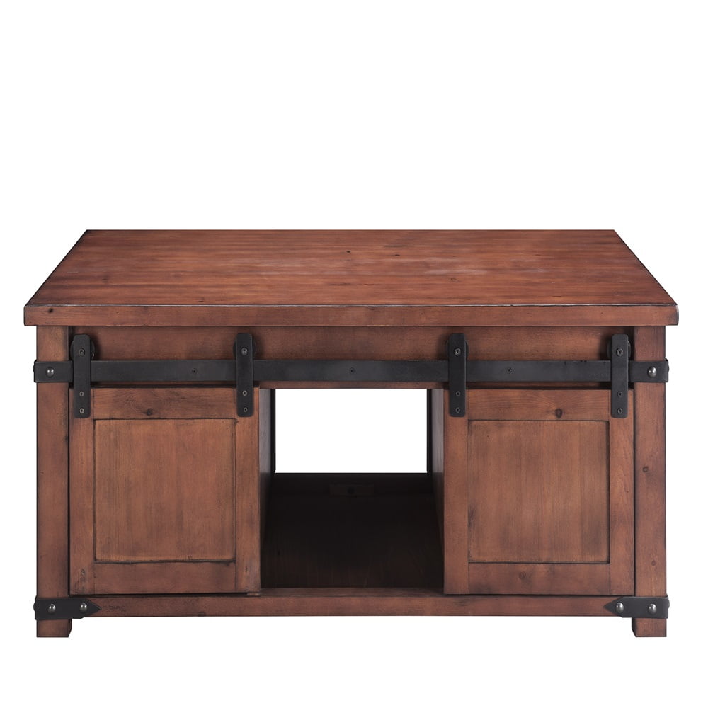 Private Jungle Modern Farmhouse Coffee Table, Rectangular Cocktail Table, Side End Table With Storage Shelf and Sliding Barn Doors