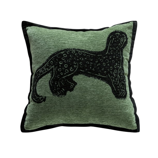 Funda de almohada elegante de chenilla bordada con leopardo verde, 45 x 45 cm