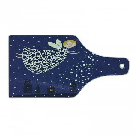 

Night Cutting Board Girls Cartoon in Sky Casting Magic over Houses Hearts Stars Decorative Tempered Glass Cutting and Serving Board Wine Bottle Shape Blue Marigold White by Ambesonne