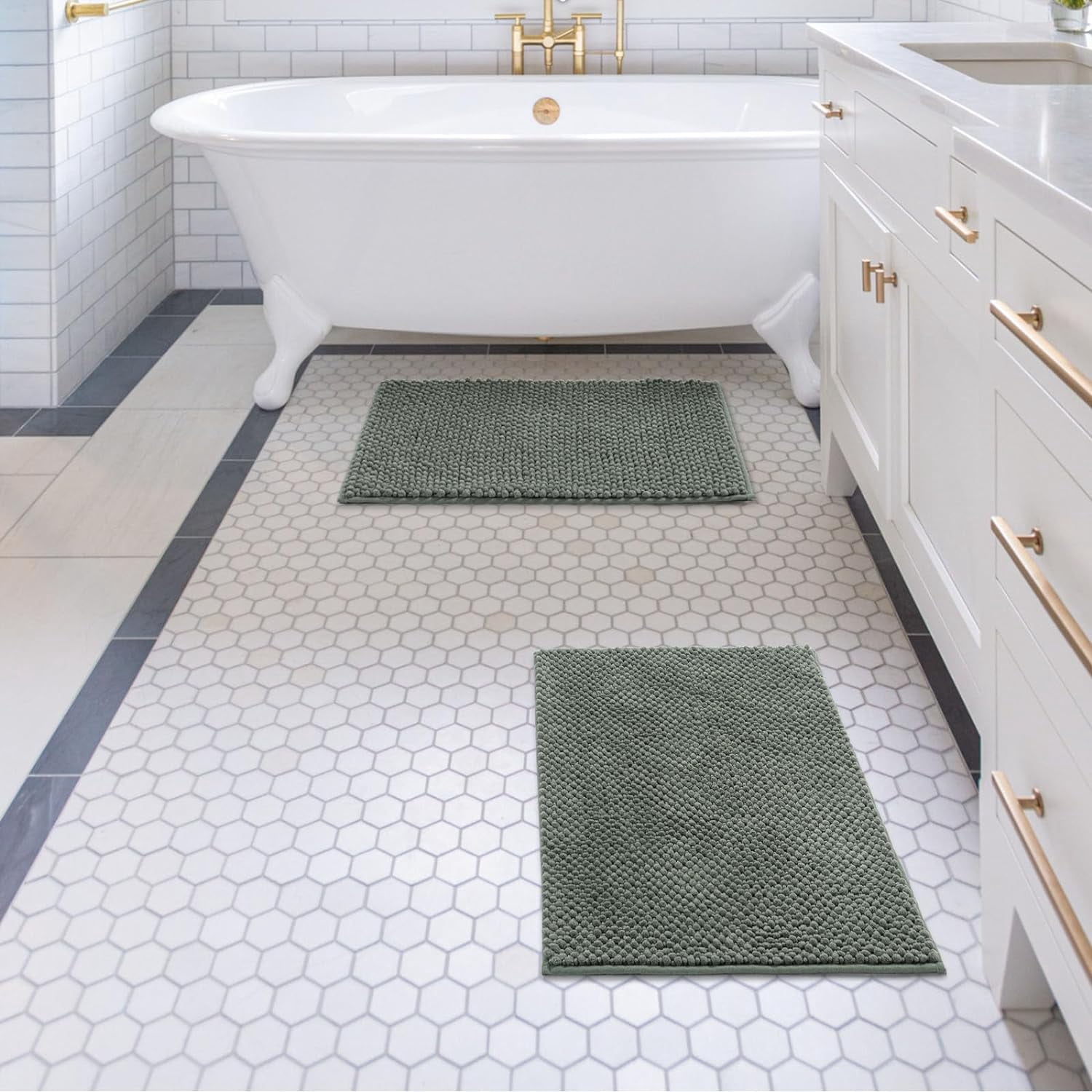 FRESHMINT Chenille Bathroom Rugs 2 Piece Set - Non-Slip Water Absorbent 17''x24''+20''x32''+ Bath Mats, Sage Green