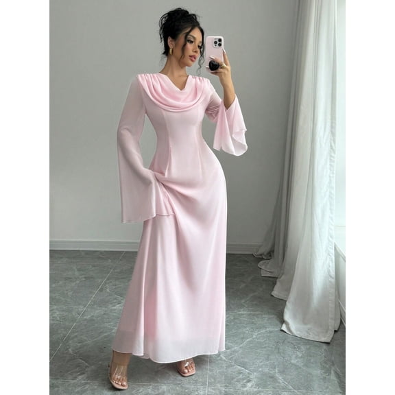 Pink Elegant Cowl Neck Flare Sleeve Maxi Dress For Women