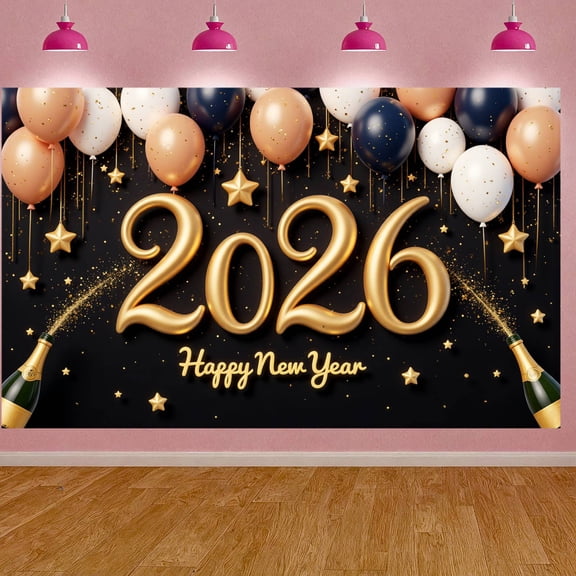 Golden Numbers 2026 New Year Banner Colorful Balloons Happy New Year Display Star Decorations Firework Design New Year Backdrop for New Year Eve 2026 Celebration New Year Party