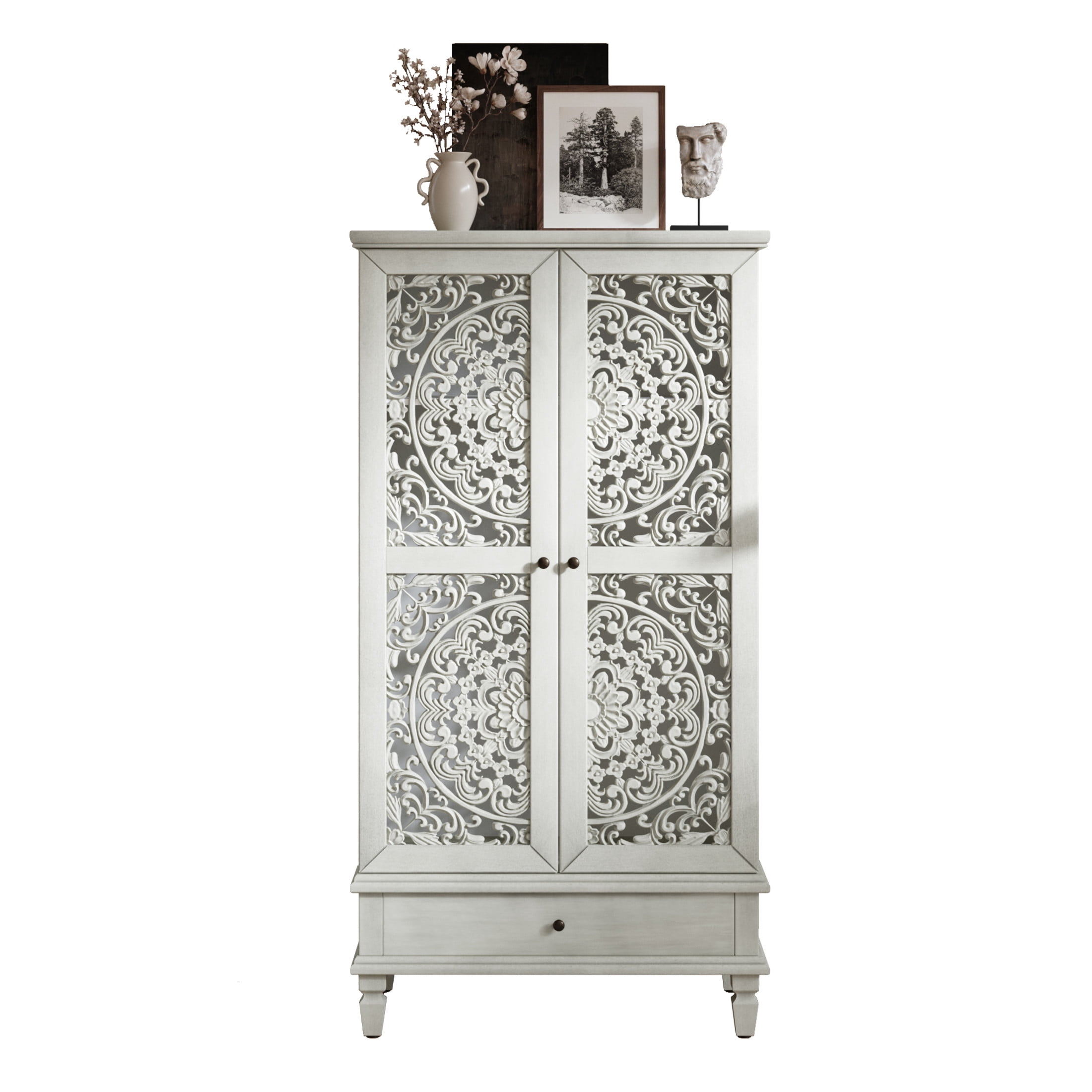 Noble house Rustic Tall Storage Cabinet with Drawer, Carved 2-Door Cabinet with Solid Wood Legs,Antique White
