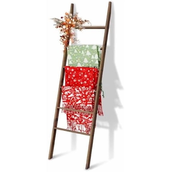 Acacia Wood 6-Tier Blanket Ladder, 5.7FT(66.5'') Blanket Quilt Towel Holder Rack Decorative Ladder Wooden, Easy Assembly, Rustic Farmhouse Ladder Shelf for the Living Room Bedroom Bathroom Home Decor