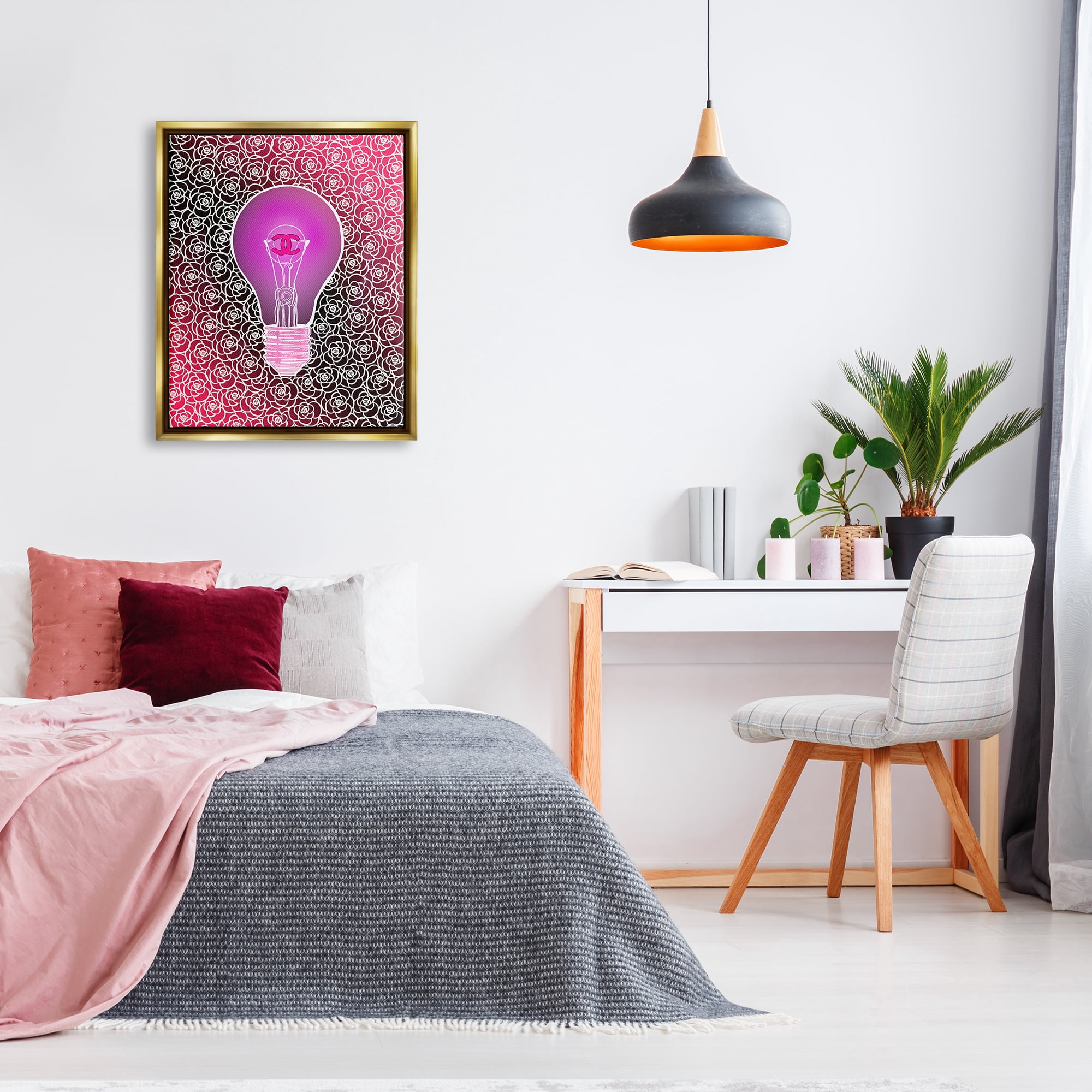 Stupell Industries Glam Brand Lightbulb Pattern Beauty & Fashion Painting Gold Floater Framed Canvas Art Print Wall Art, 25 x 31