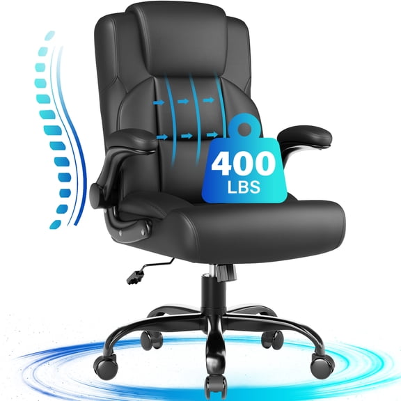 JONPONY Leather Office Chair, Big and Tall Office Chair 400LBS Wide Seat Ergonomic Computer Desk Chair High Back Executive Leather Chair Adjustable Task Chair Lumbar Back with 1-Year Warranty, Black