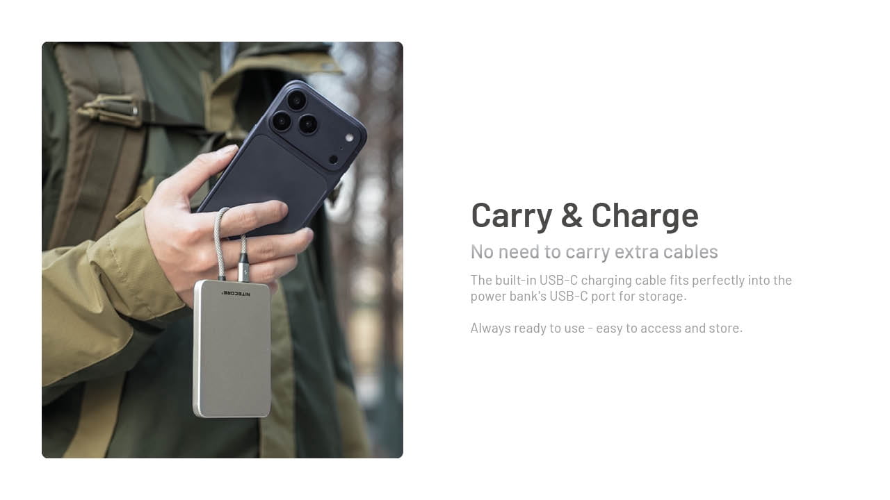 Nitecore POCKET 5 Magnetic Power Bank with Built-In Cable (Orange) + Nitecore Sticker