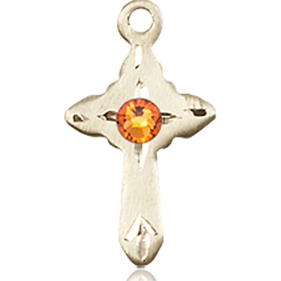 14kt Yellow Gold Cross Medal with 3mm November Yellow Swarovski Crystal 5/8 x 3/8 inches