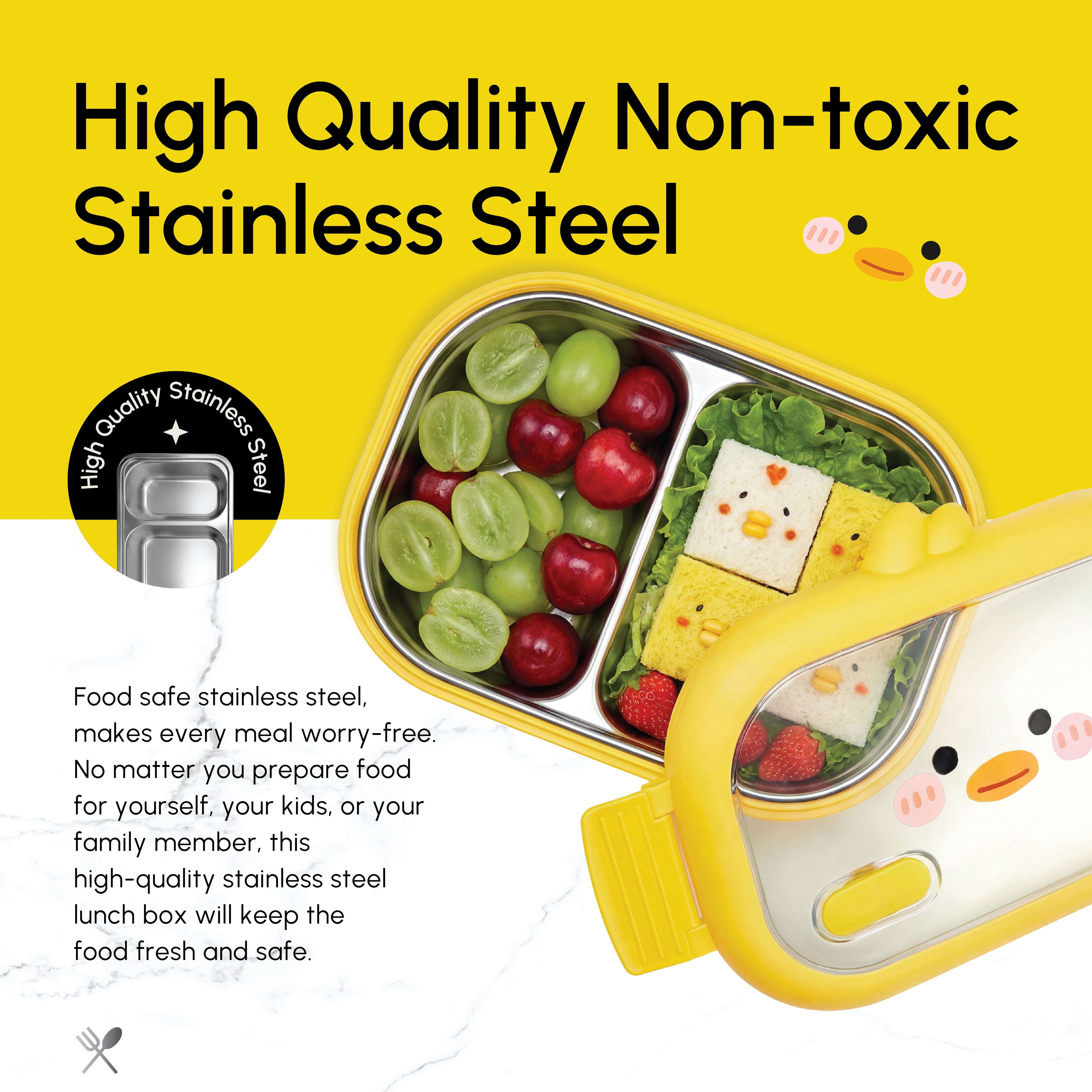 Just Cook 2 Section Duck Locktop Microwave Safe Stainless Steel Bento 1000 ml (Yellow)