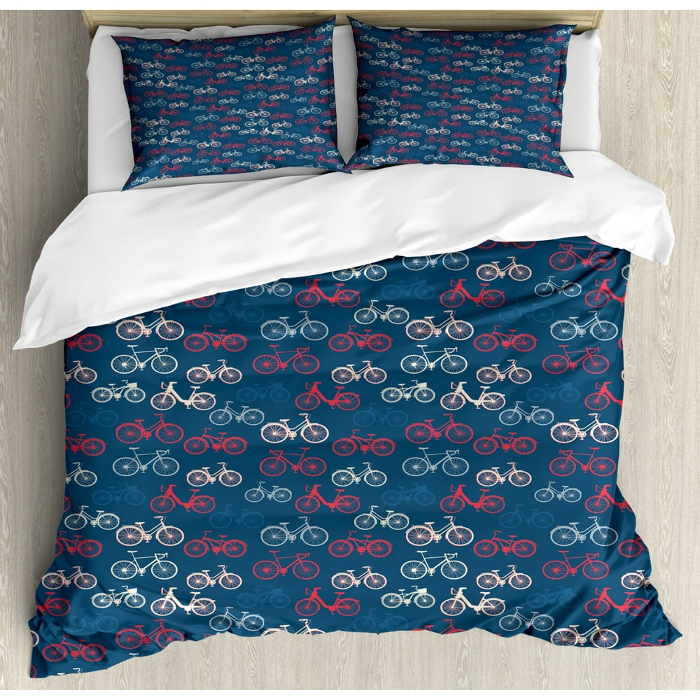 Bicycle Duvet Cover Set King Size, City Race and Girls Bike Sketches in