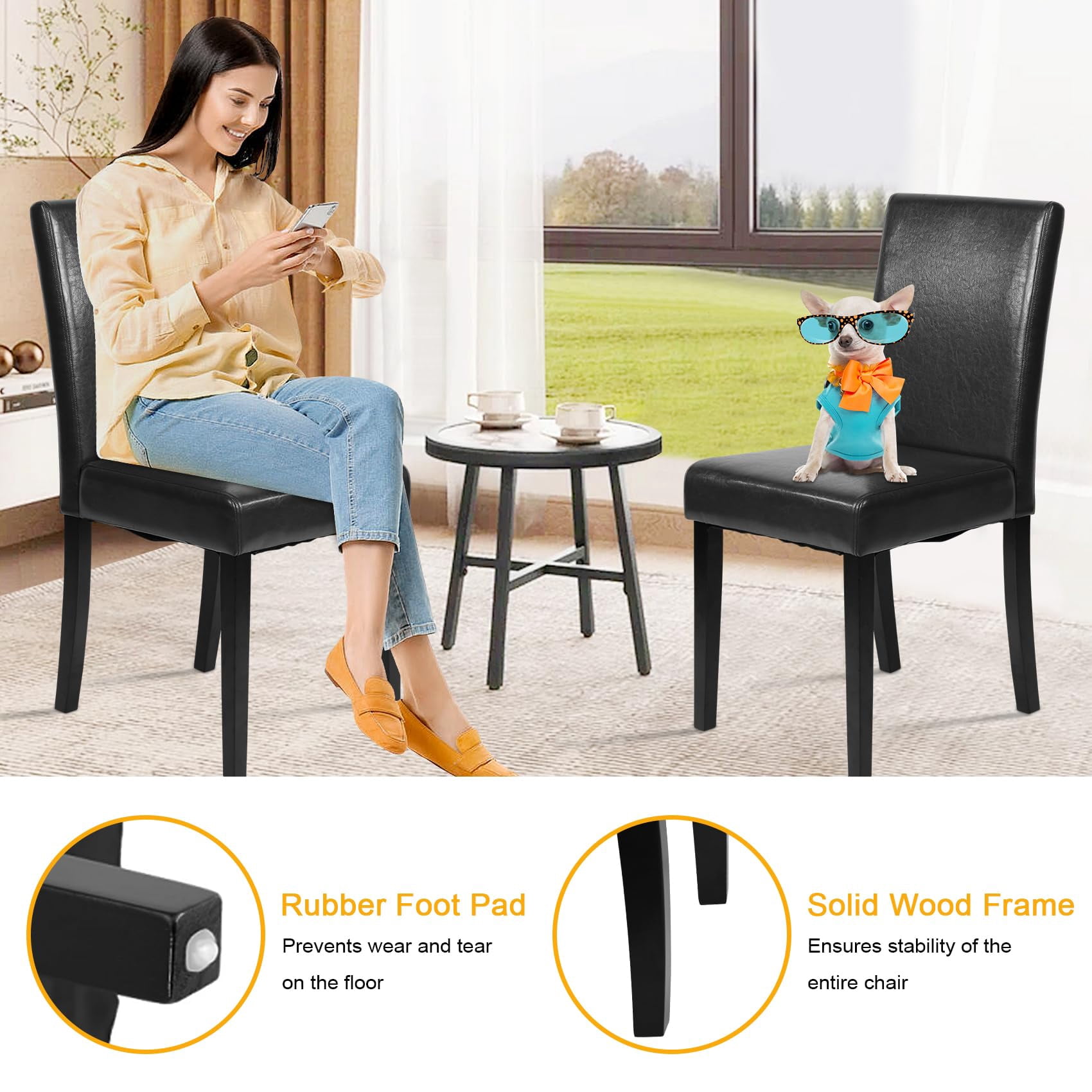 NiamVelo Dining Chairs Set of 4 PU Leather Dining Room Chairs with Waterproof Surface and Wood Legs for Kitchen Restaurant and Living Room,Black