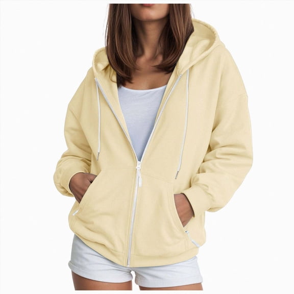 TOWED22 Womens Hoodies Zip Up Casual Long Sleeve Oversized Hoodie Y2K Full Zipper Fleece Preppy Sweatshirts Jackets,Light Yellow,M