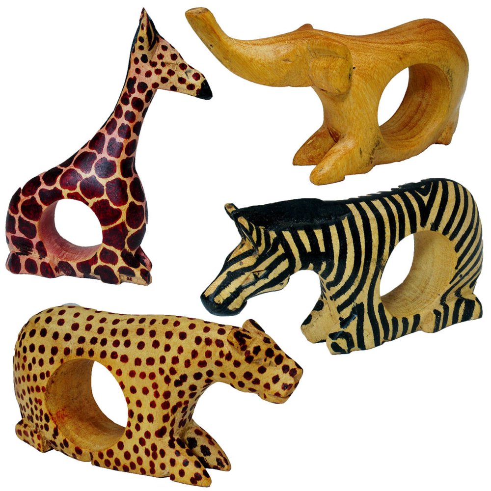 Stoneage Arts Handmade Wood Animal Napkin Ring, Set of 4 (Kenya
