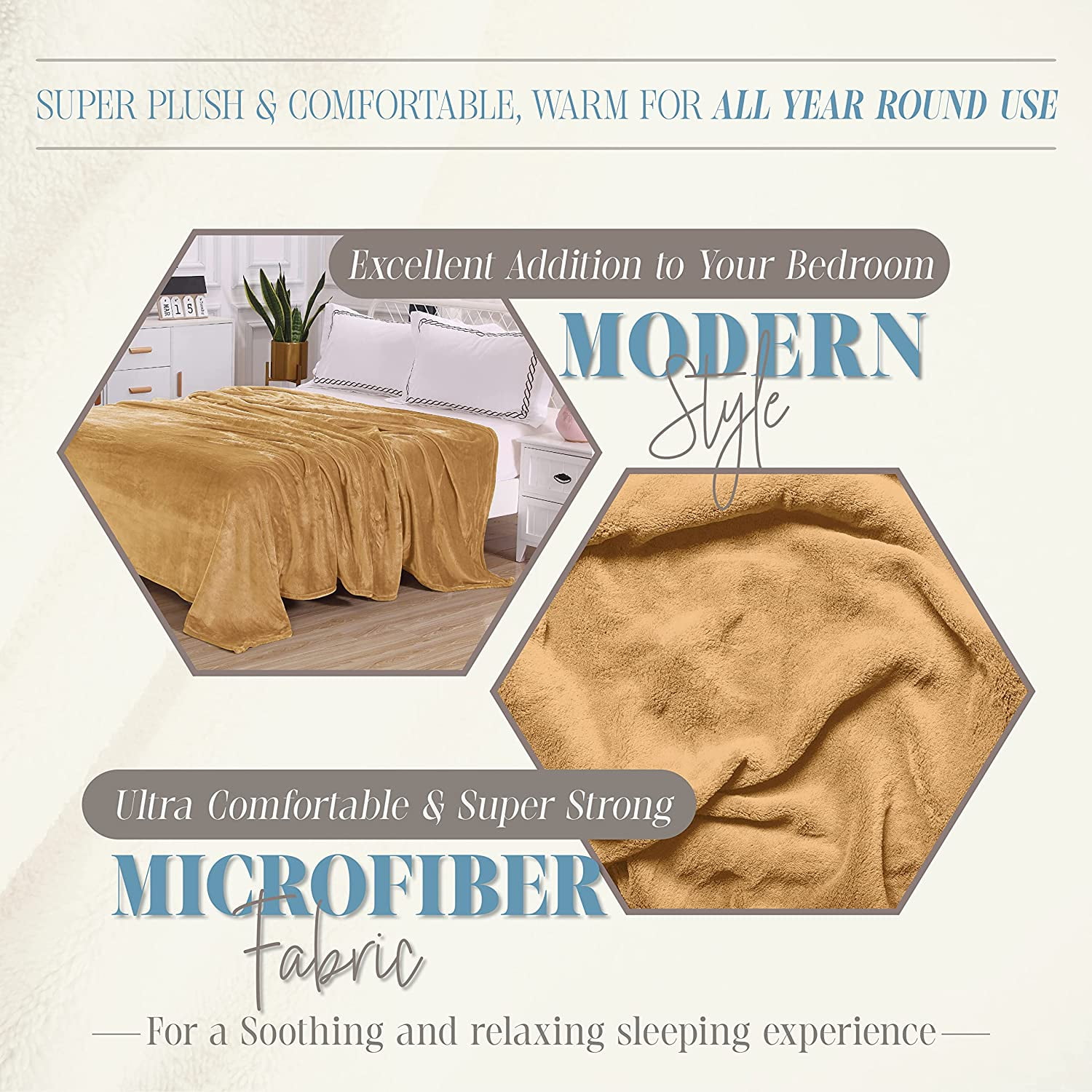Elegant Comfort Luxury Velvety Feel Blanket, All-Season Lightweight Blanket, Ultra Plush, Soft, Cozy-Fuzzy Flannel Fleece for Couch, Sofa, Bed, Travel, Solid Design, King/Cali King, Gold