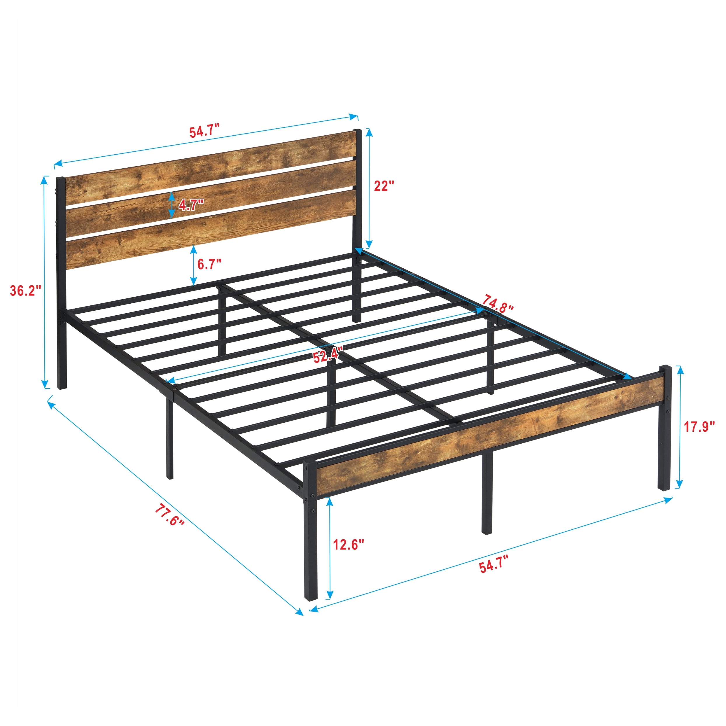 Full Size Bed Frame with Wood Headboard, Metal Platform Bed with Under Bed Storage, No Box Spring Needed, Rustic Brown & Black
