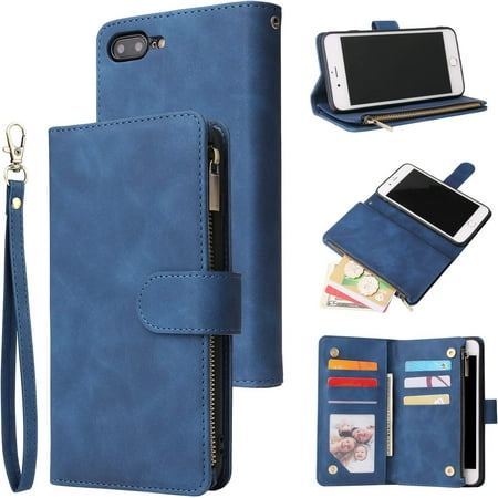 UEEBAI Wallet Case for iPhone SE 2020 / SE 2022 iPhone 7 iPhone 8, Premium Vintage PU Leather Magnetic Closure Handbag Zipper Pocket Kickstand Card Holder Slots Wrist Strap Shockproof Flip Case -Blue