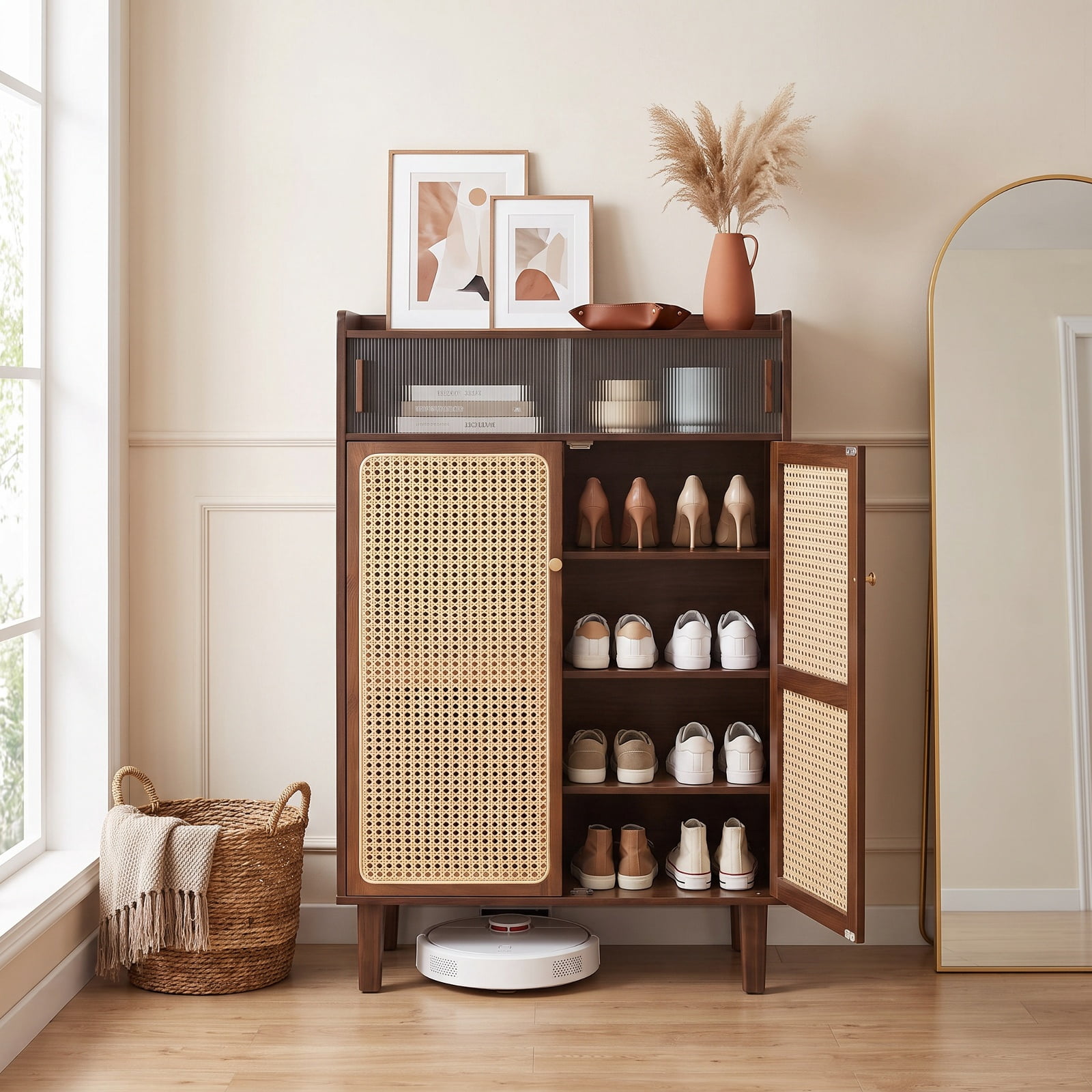 Furnibear 5 Tier Bamboo Shoe Storage Cabinet with Woven PE Rattan and See Through Sliding Doors for Entryway Hallway Closet, Walnut