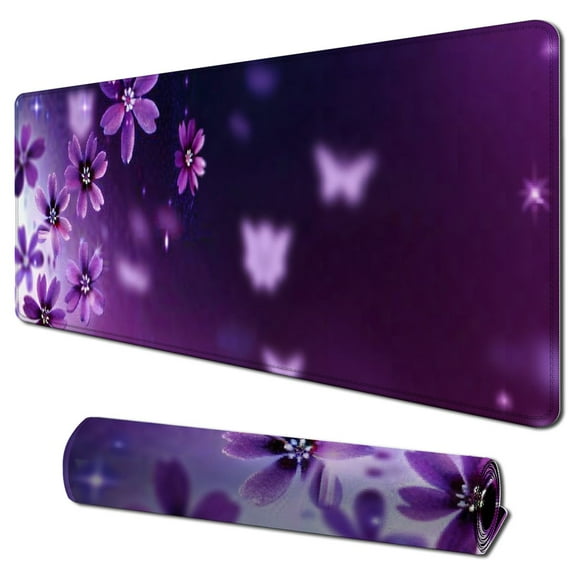 nygtbtfer Extended Gaming Mouse Pad XXL Large Keyboard Mat Long Mousepad Desk Decor Writing Pad Non Slip Rubber Base Stitched Edges for Work, Game, Office, Home, Purple Heart Butterfly 31.5x11.8 in
