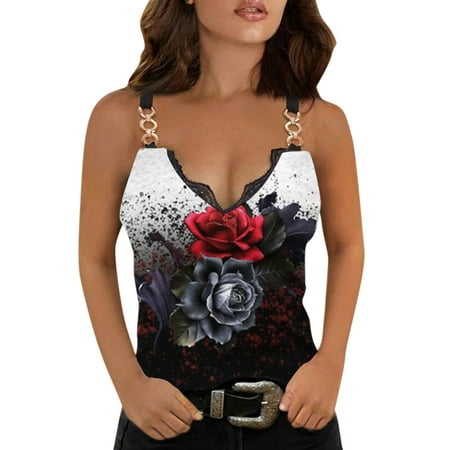 

Women Casual Spaghetti Straps Sleeveless Tee Cold Shoulder Tops V Neck Lace Trim Summer T Shirts Tunics Brand plus Size Women Basics Women Pajamas