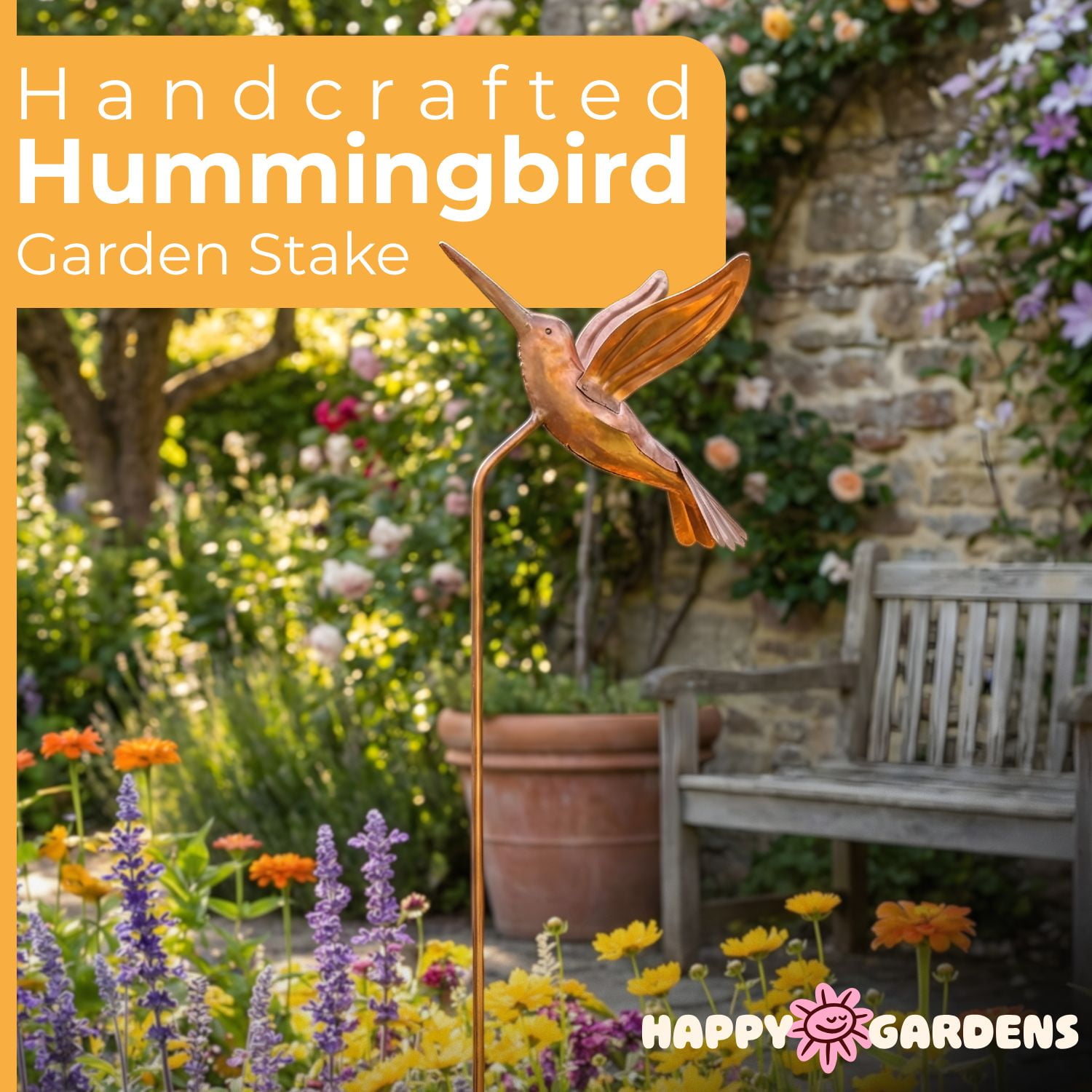 Happy Gardens Metal Hummingbird Decorative Stake (30” Tall - Flamed Finish)  Large Outdoor Yard Art, and Outside Decor