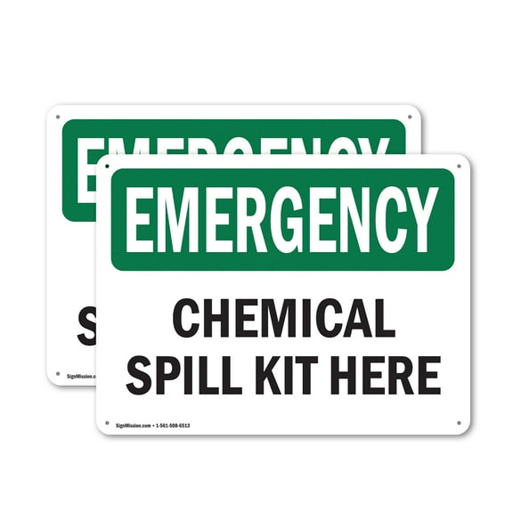 (2 Pack) Chemical Spill Kit Here OSHA Emergency Sign 10 Inch X 7 Inch Indoor / Outdoor Rust-Free Aluminum Metal Signs for Workplace, Workshop, and Construction Site, Made in the USA