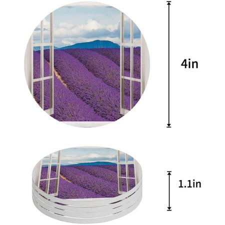 

ZHANZZK Window Lavender Field Landscape Set of 6 Round Coaster for Drinks Absorbent Ceramic Stone Coasters Cup Mat with Cork Base for Home Kitchen Room Coffee Table Bar Decor