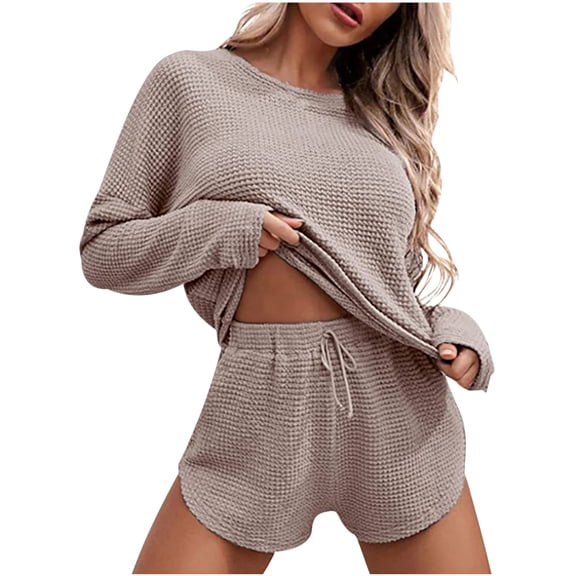 Maean Lounge Sets for Women Two Piece Knit Long Sleeve Tops and Drawstring Waist Shorts Outfits Tracksuit