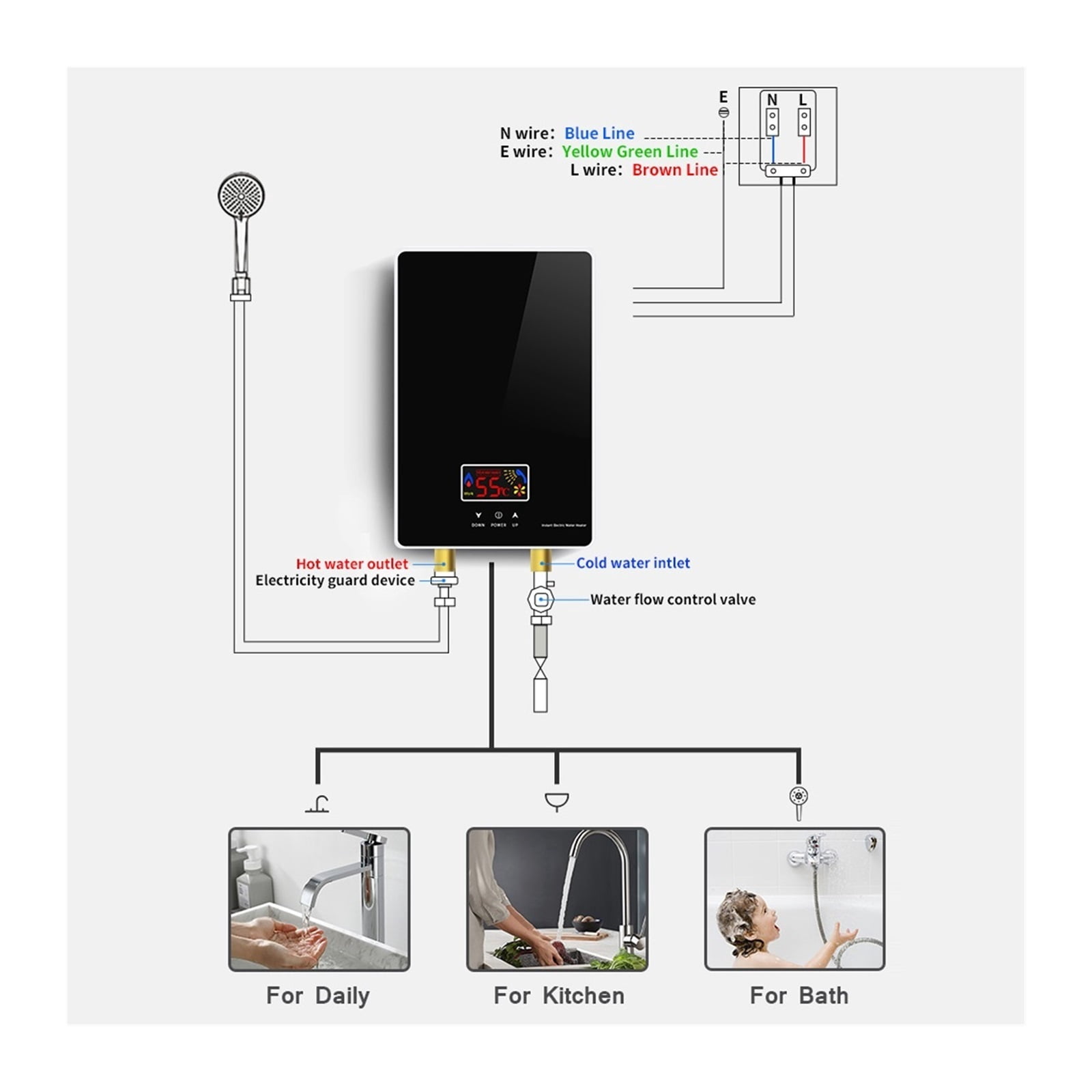 6000W Instant Tankless Electric Hot Water Heater Bathroom Kitchen Instant Heating Tap Demand Water Heater With LCD Display ,Safety Protections