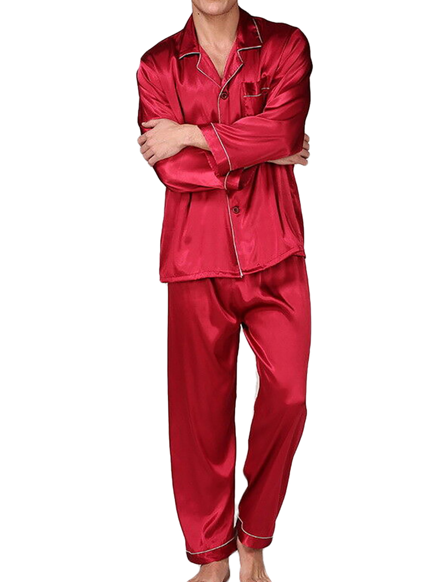 Genuiskids Mens Silk Satin Pajamas Sets Solid Long Sleeve Button Down ...