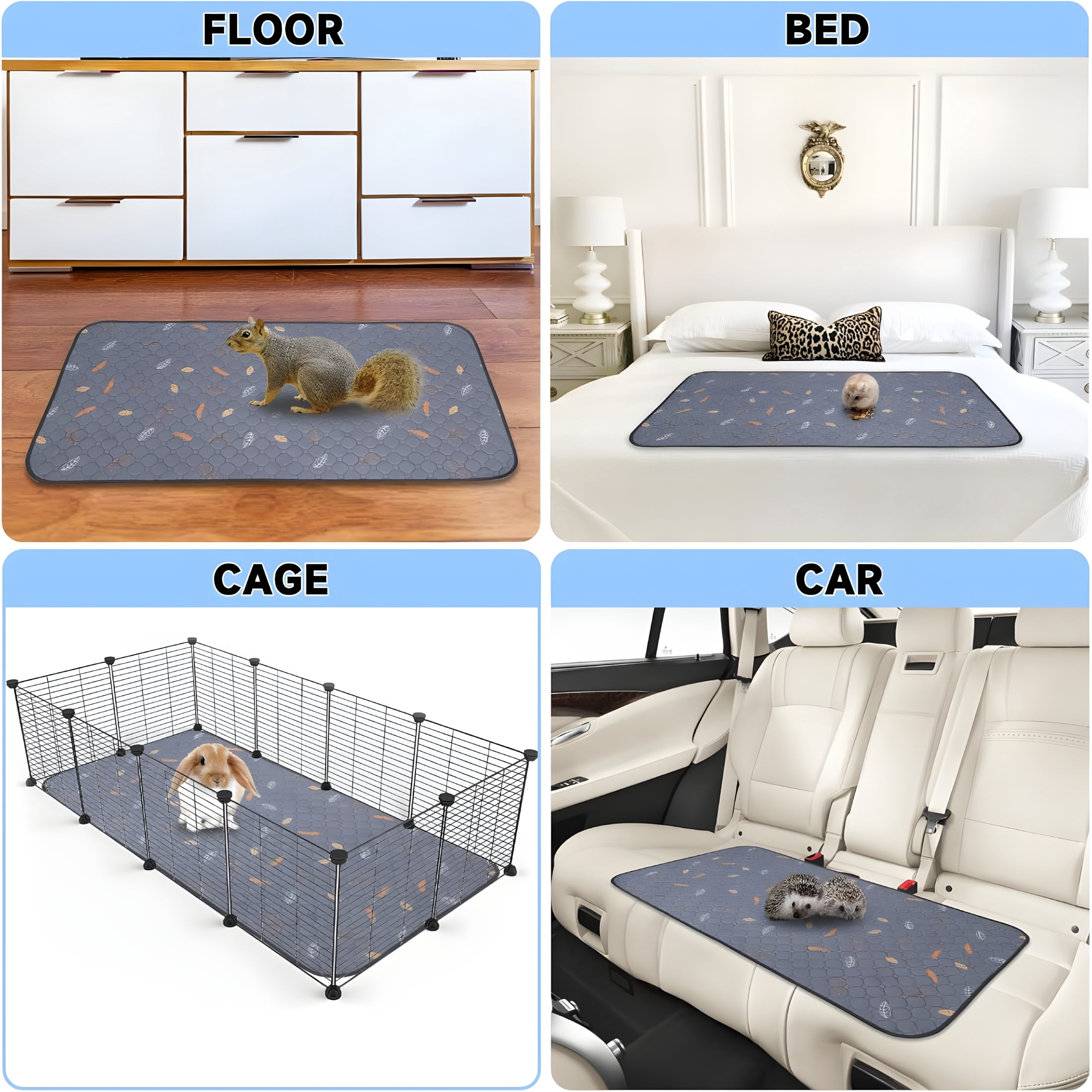 XIBUFE 2 Pack Washable Guinea Pig Pee Pads, 24" x 48" Waterproof Reusable Cage Liners, Absorbent Bedding Mat for Small Animal Guinea Pigs Rabbit Bunny Hamster