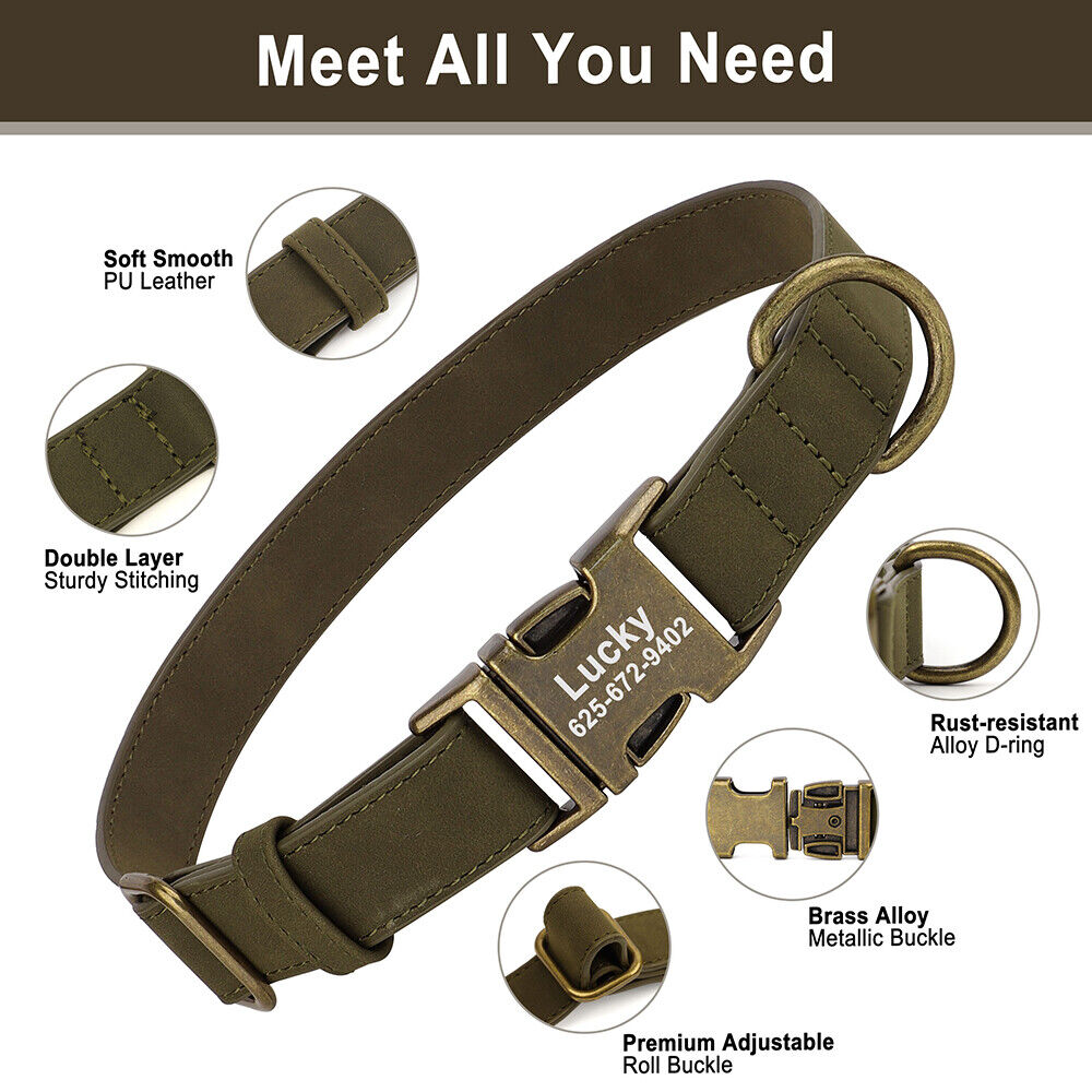 Personalized Leather Dog Collar & Leash Set – Adjustable, Soft, With Engraved Name – S/M/L