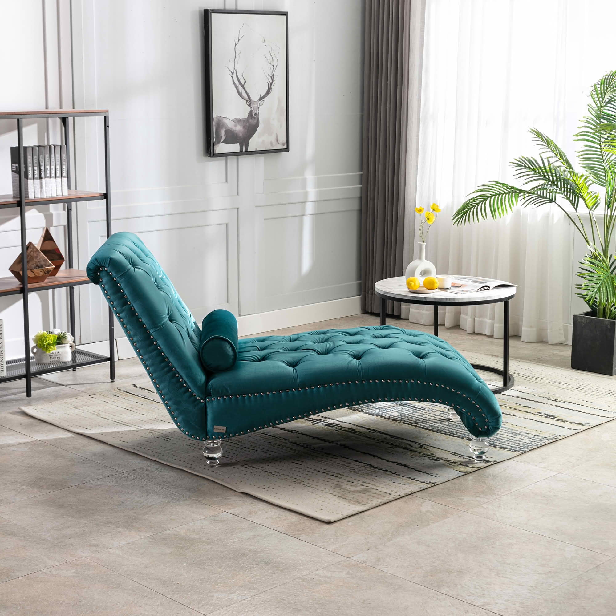 MAYEERTY Velvet Button Tufted Chaise Lounge with Pillow, Ergonomic S-Shape Indoor Lounge Chair with Wood Frame Acrylic Legs for Bedroom Living Room Office