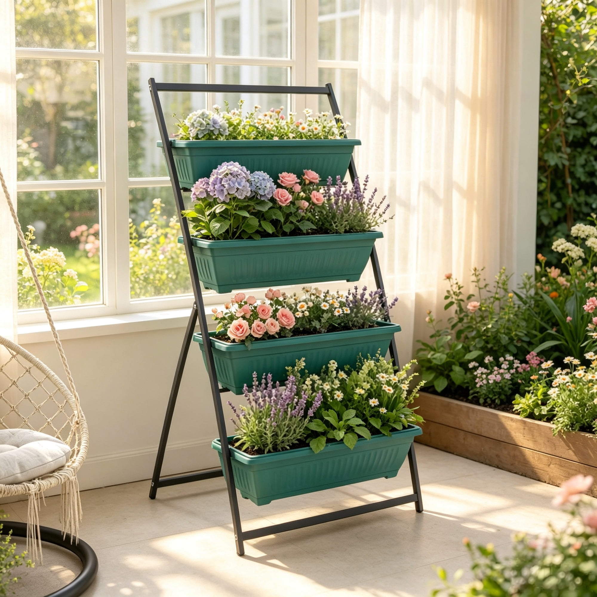 4-Tier Green Vertical Raised Garden Planter, Sturdy 4-Box Outdoor Plant Stand Grow Container for Plants